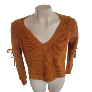 Guess Womens S Mustard Knit Sweater With Lace-Up Sleeves V-Neck Stylish Fall War